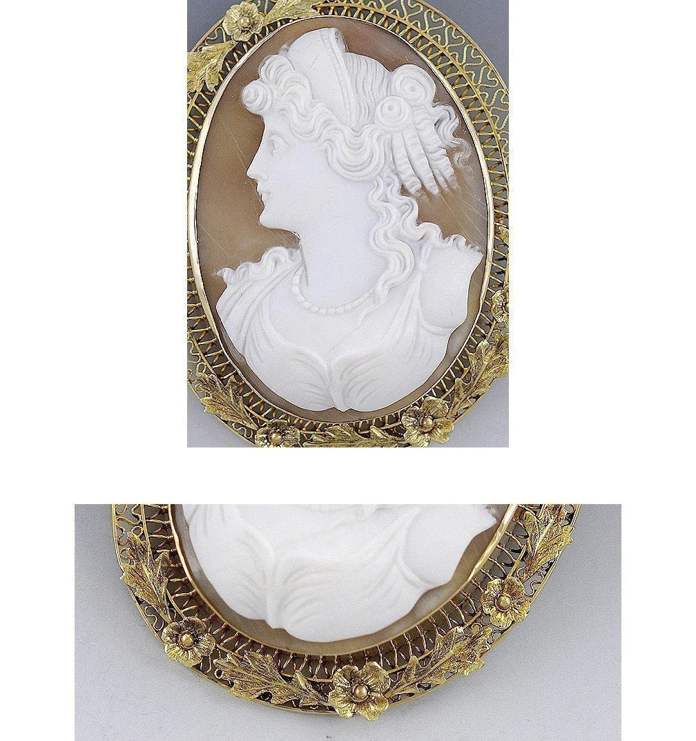 Large C1900 10k Multi Color Gold & Carved Shell Cameo Brooch/Pin/Pendant