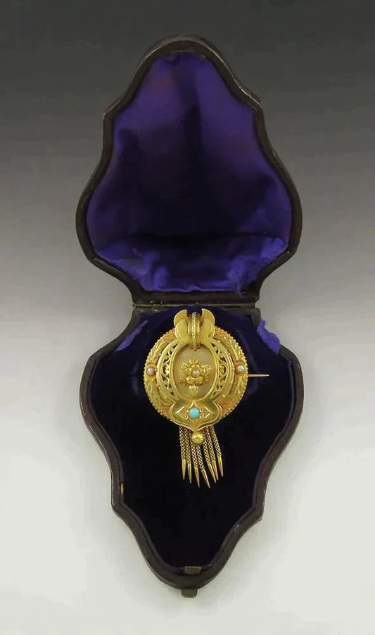 Antique Victorian Memorial Mourning Hair 16K 18K Gold Turquoise Pearl Brooch Pin