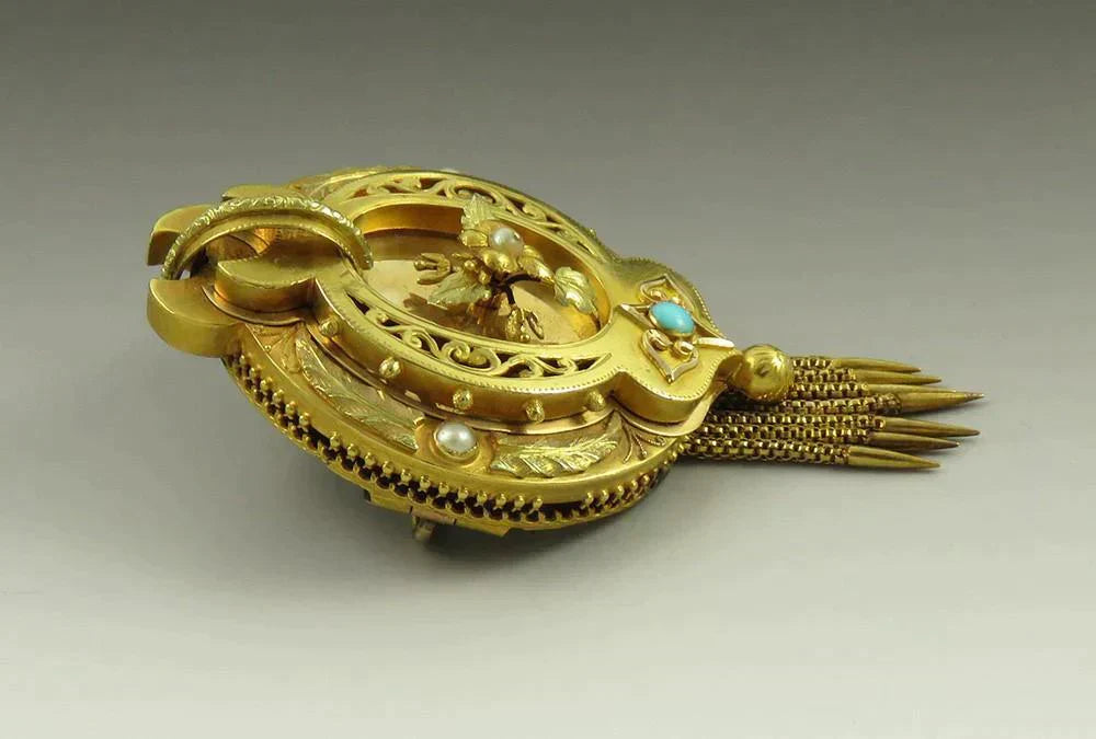Antique Victorian Memorial Mourning Hair 16K 18K Gold Turquoise Pearl Brooch Pin
