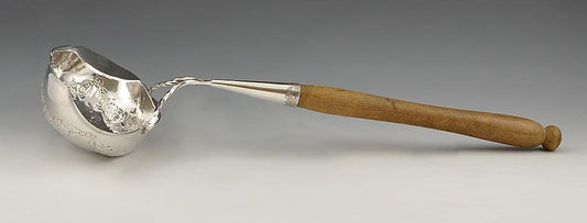 1700s SCANDINAVIAN SILVER LADLE with CARVED WOOD HANDLE
