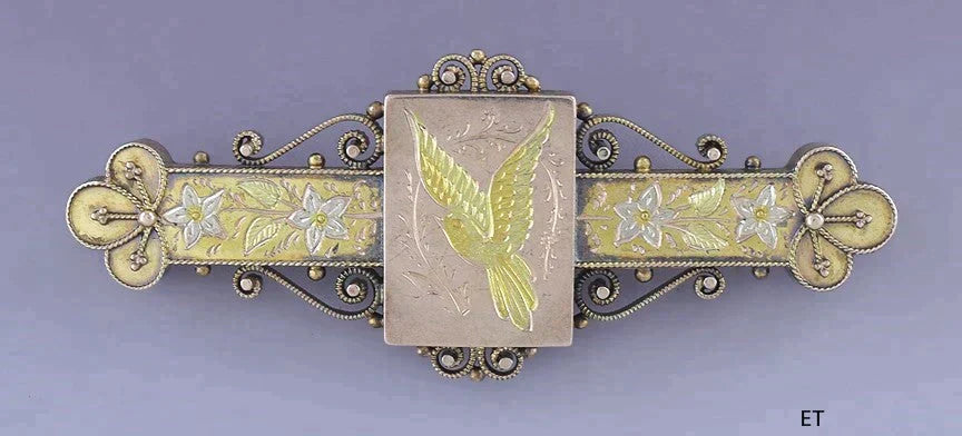 c1850s-1880s Lovely 14k Multi Color Gold Renaissance Revival Pin / Brooch