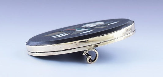 Antique c1860s Beautiful Italian 10k Gold Floral Bird Pietra Dura Pin Brooch