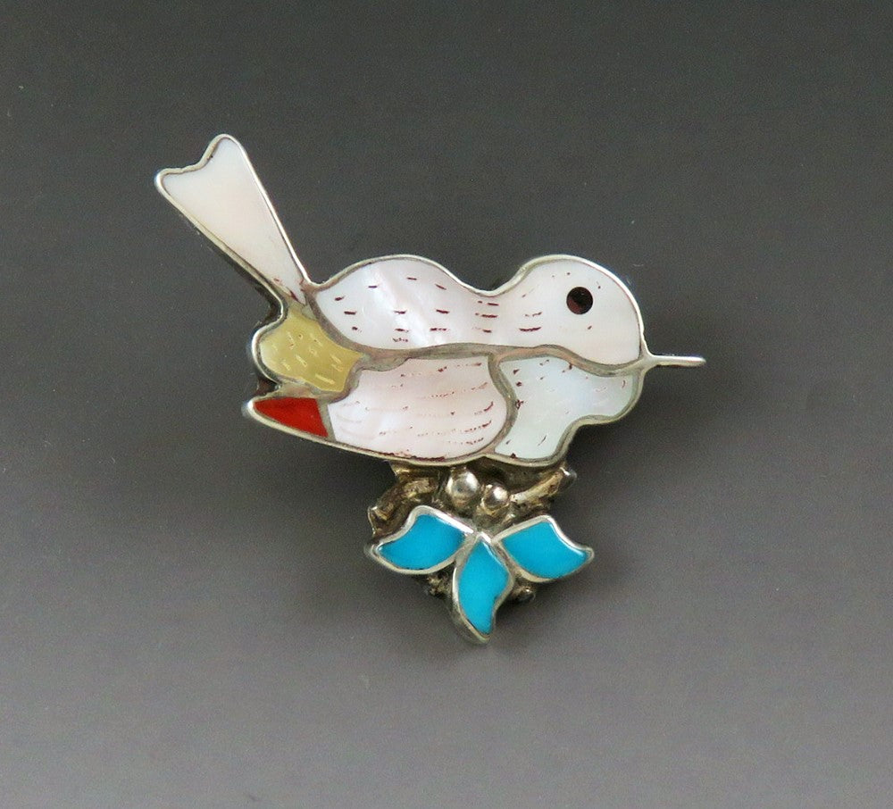 Sweet Eva Etsate Native American Zuni Sterling Silver MOP Bird Dove Pin Pendant