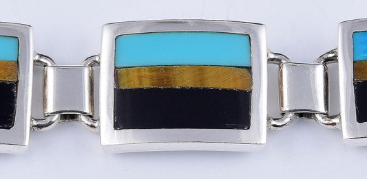 Grand Mexican Sterling Silver 14.5 Inch Necklace w/ Onyx, Tiger's Eye, Turquoise