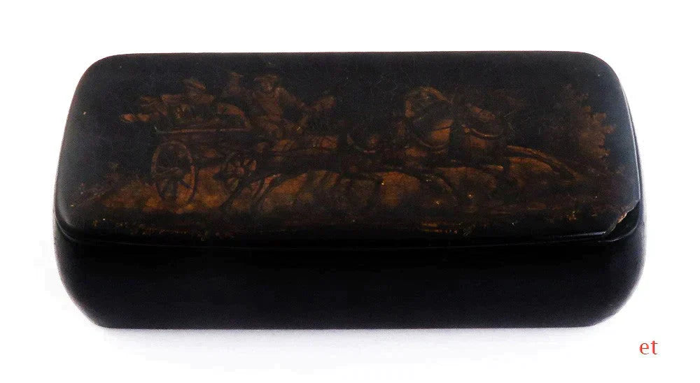 c1890 Classical Russian Lacquer Paper Mache Wagon Genre Scene Box