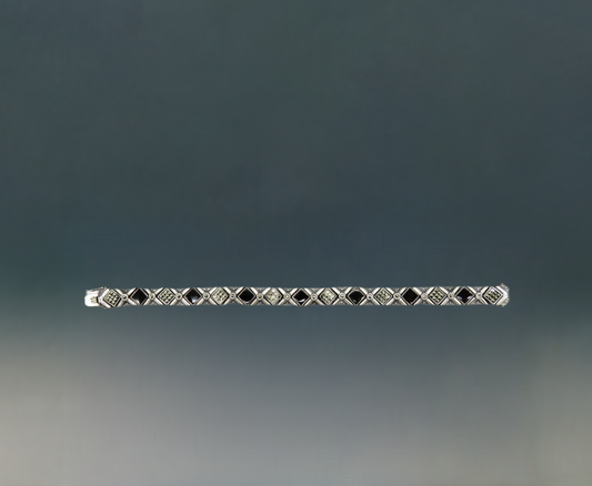 Attractive Han Artisan Sterling Silver Onyx Stone Marcasite Link Bracelet