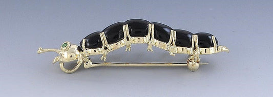 Cute Retro 14k Yellow Gold Onyx Emerald Caterpillar Pin Brooch