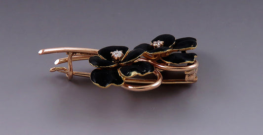 Elegant Antique American 14k Gold Diamond Black Enamel Pansy Pin Brooch