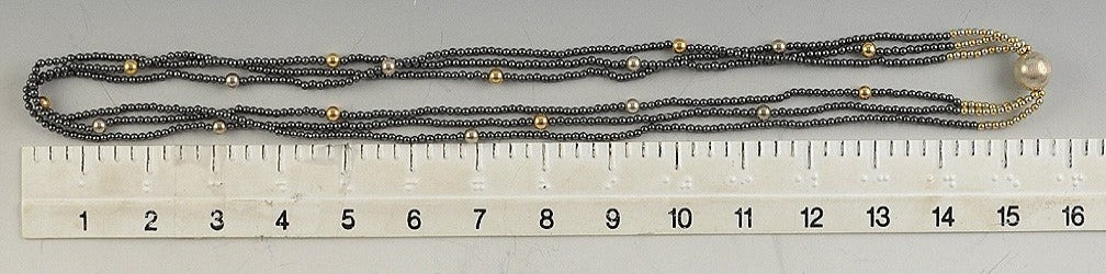 Stylish 14K Gold Silver & Hematite Triple Strand Necklace