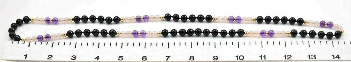 Sweet and Modern Necklace of 14k Yellow Gold Amethyst Onyx and Rose Quartz 31"