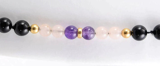 Sweet and Modern Necklace of 14k Yellow Gold Amethyst Onyx and Rose Quartz 31"