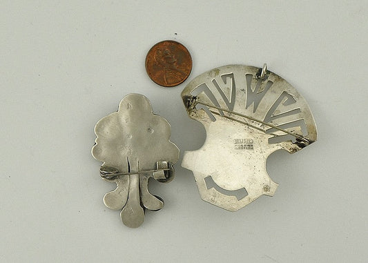 2 Mexican Sterling Silver Genuine Onyx Stone Pins Face and Engraved Designs