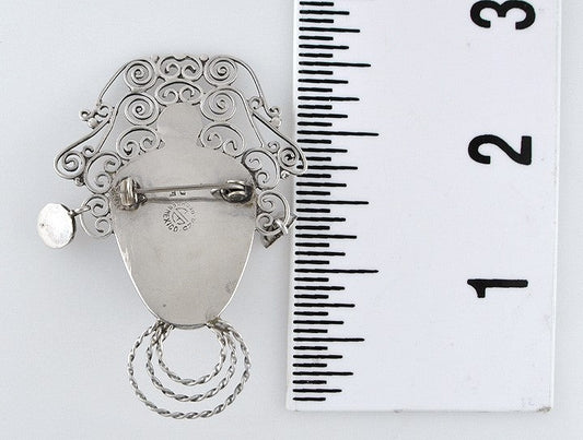 Sterling Silver Mexican Aztec Carved Black Glass Pin Brooch