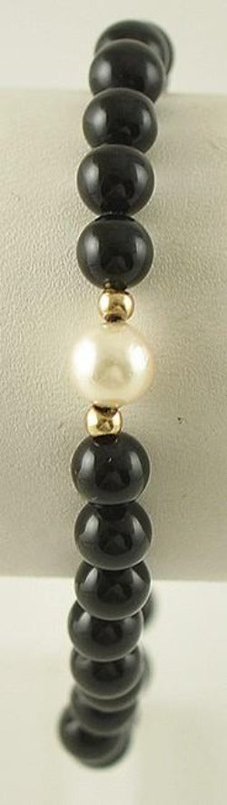 Great Genuine Black Onyx and Pearl 14K Yellow Gold Beaded Necklace and Bracelet