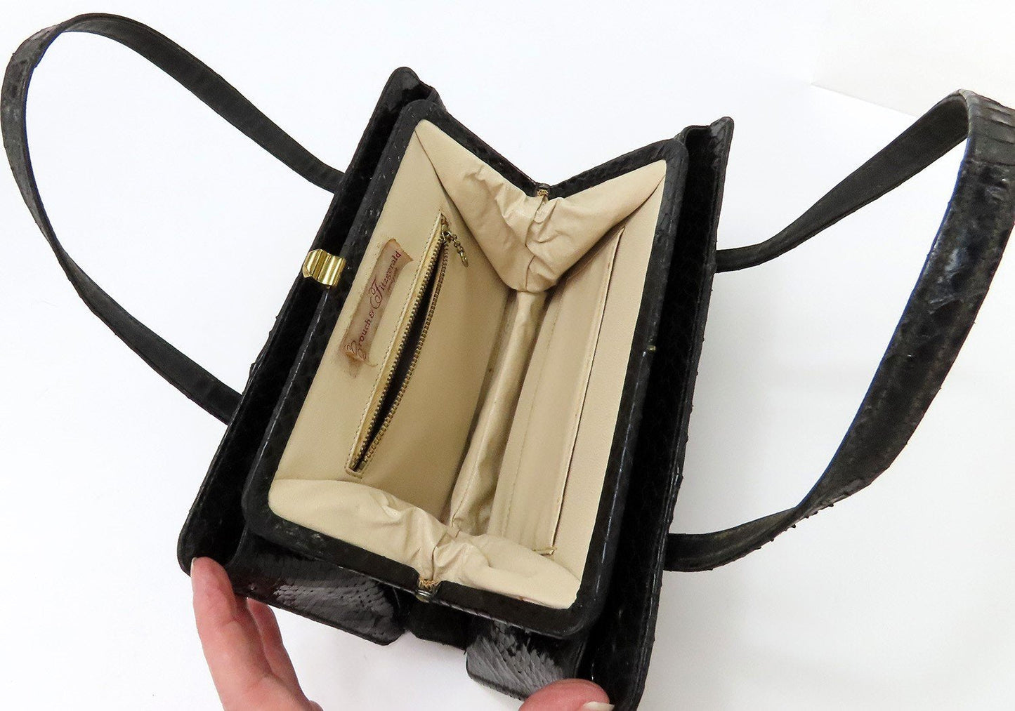 Great Vintage Crouch Fitzgerald NYC Snakeskin Top Handle Purse Gold Clasp