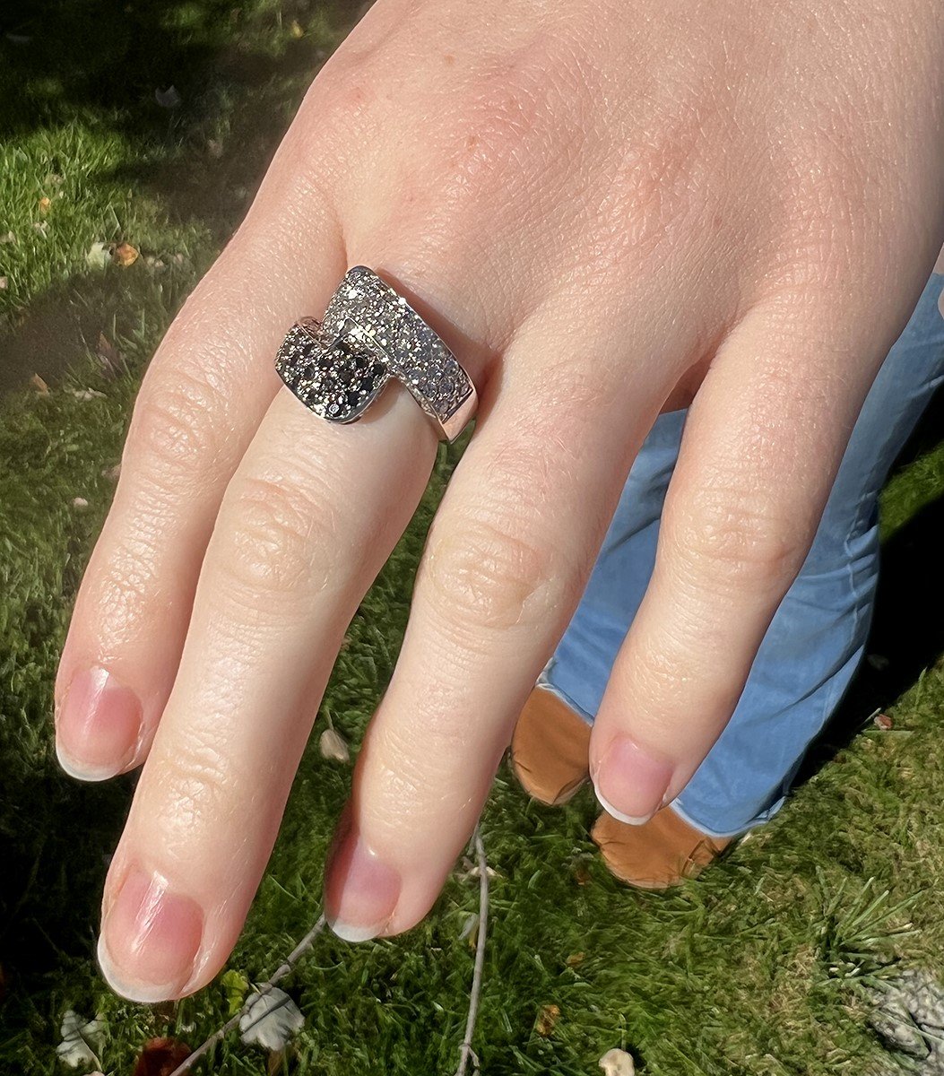 Beautiful 18k White Gold ~1.2ct White Diamond ~.56ct Black Diamond Bypass Ring