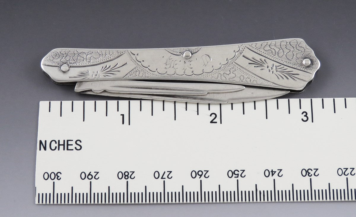 Antique c1865 Victorian American Coin Silver Hand Engraved Pocket Knife