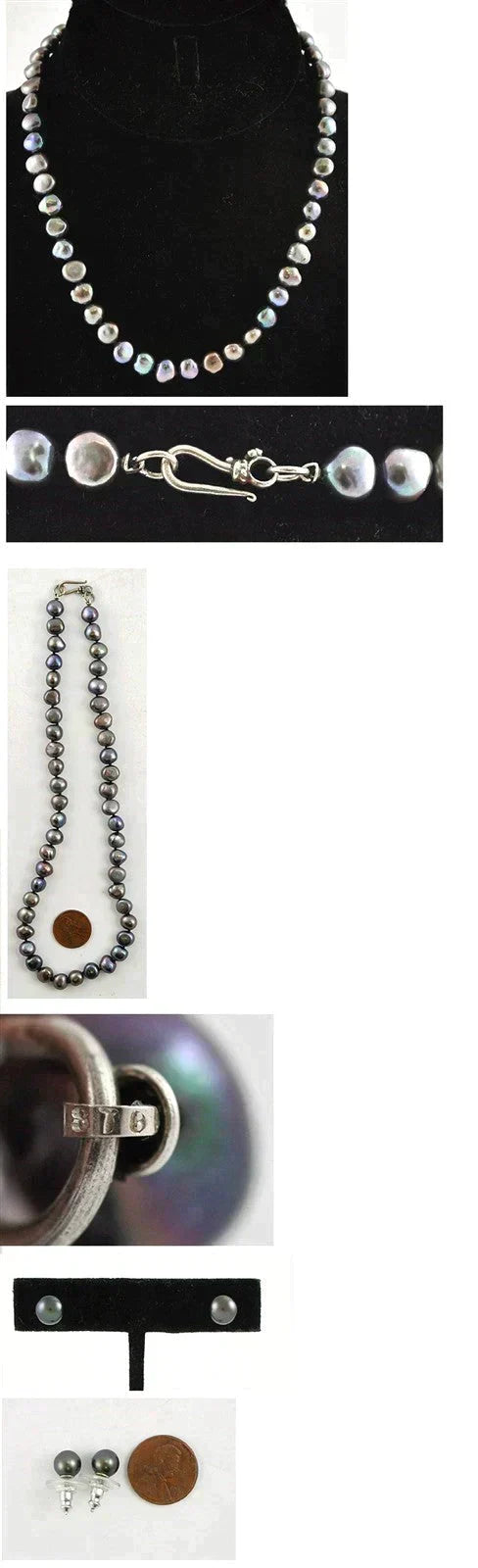 Genuine Dyed Black Pearl Sterling Silver Necklace and Earrings for Pierced Ears
