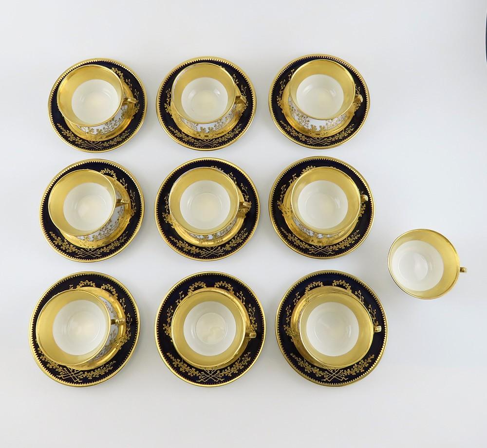 Stunning Set 9 Antique Fischer Mieg Cobalt Gold Teacups Chocolate Cups Saucers