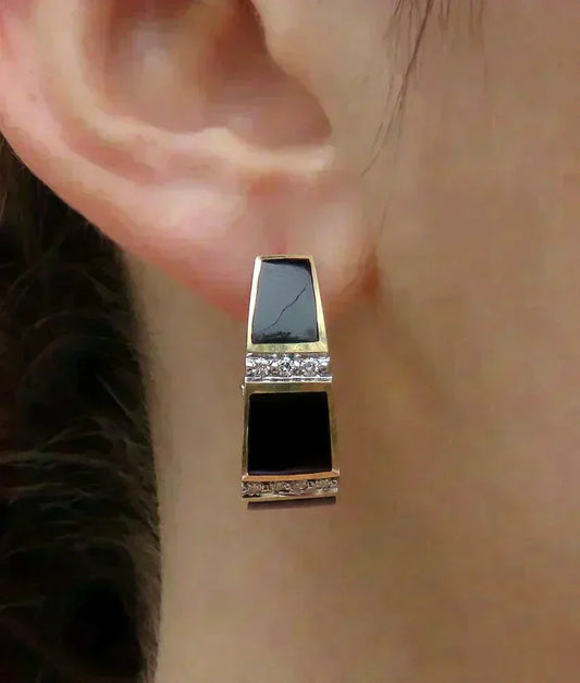 Elegant 14k Yellow Gold Diamond Black Onyx Panel Earrings