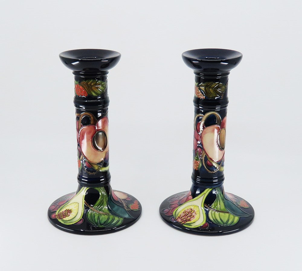 Superb Pair Contemporary Moorcroft Queen's Choice Fig Fruit Candlesticks