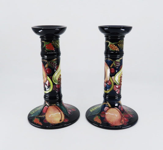 Superb Pair Contemporary Moorcroft Queen's Choice Fig Fruit Candlesticks