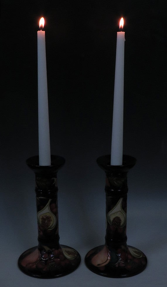 Superb Pair Contemporary Moorcroft Queen's Choice Fig Fruit Candlesticks