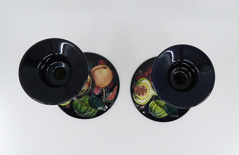 Superb Pair Contemporary Moorcroft Queen's Choice Fig Fruit Candlesticks