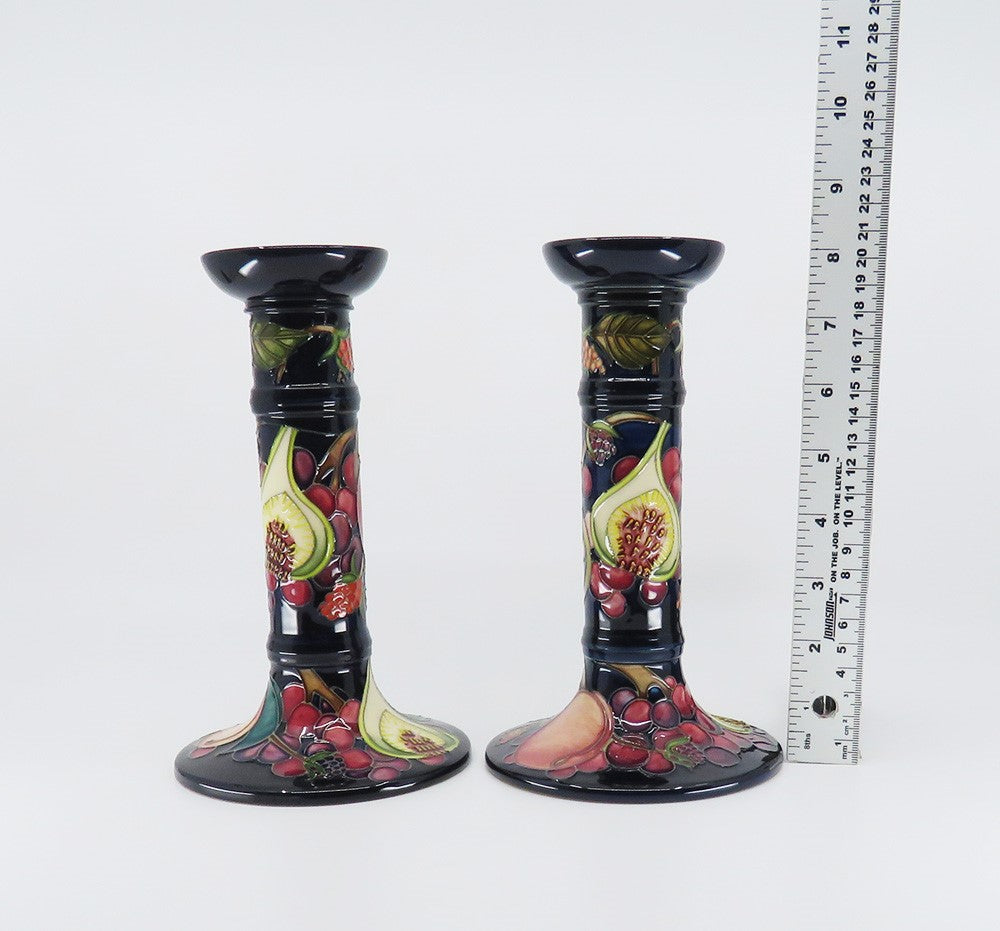 Superb Pair Contemporary Moorcroft Queen's Choice Fig Fruit Candlesticks