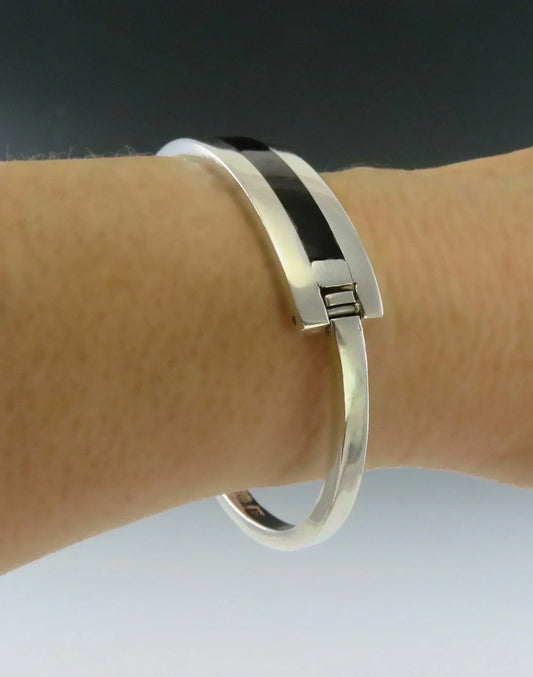 Vintage 1980s Mexican Sterling Silver Black Strip Bangle Bracelet