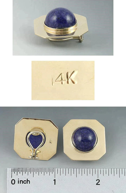 Modern 14K Yellow Gold Lapis Art Deco Style Geometric Earrings