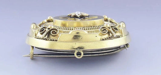 c1830s-1860s Fab Victorian 18k Gold Enamel Seed Pearl Pin / Brooch Locket