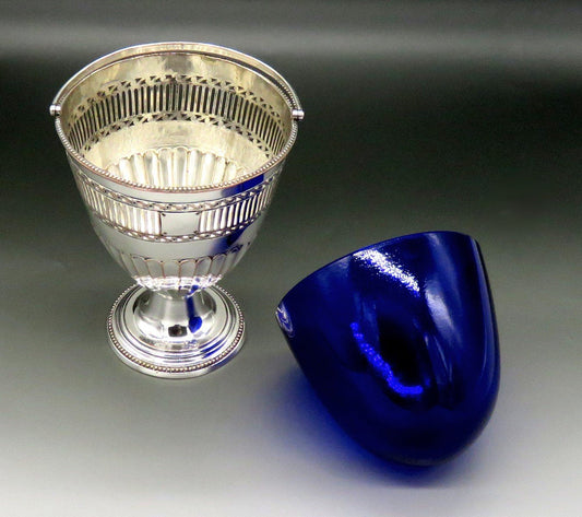 Antique English Georgian Sheffield Silverplate Cobalt Glass Swing Handle Basket