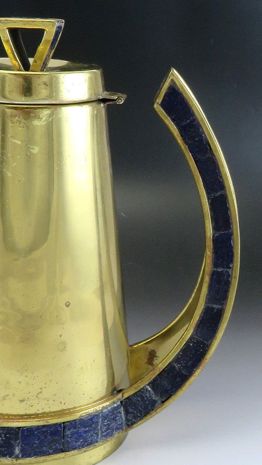 Classy VTG Mexican Brass and Blue Glass Mosaic Inlay Pitcher