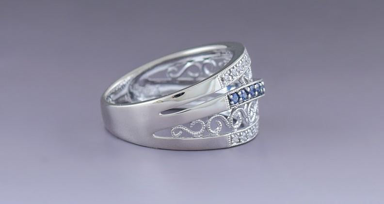 Beautiful 14k White Gold Filigree Sapphire & Diamond Ring