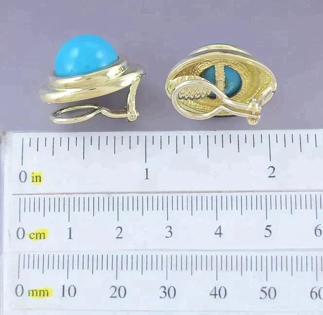 Stunning Pair 18k Gold & Turquoise Dome Clipback Earrings