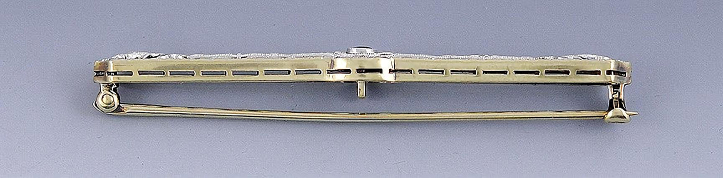 Art Deco Filigree 14k Platinum Top Sapphire Bar Pin Brooch
