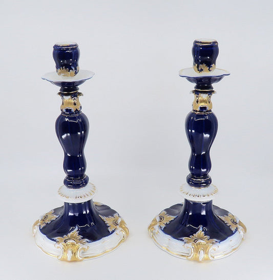 Gorgeous Pair late 1800s Meissen Cobalt Blue Gilt Tall Candlesticks