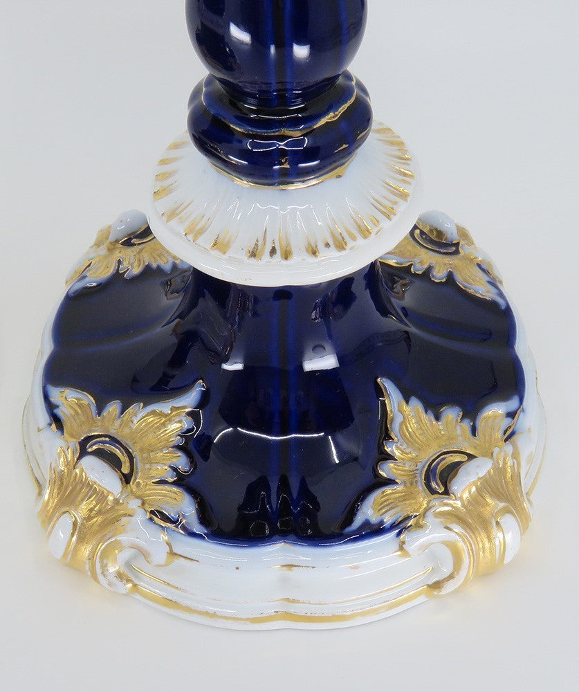 Gorgeous Pair late 1800s Meissen Cobalt Blue Gilt Tall Candlesticks