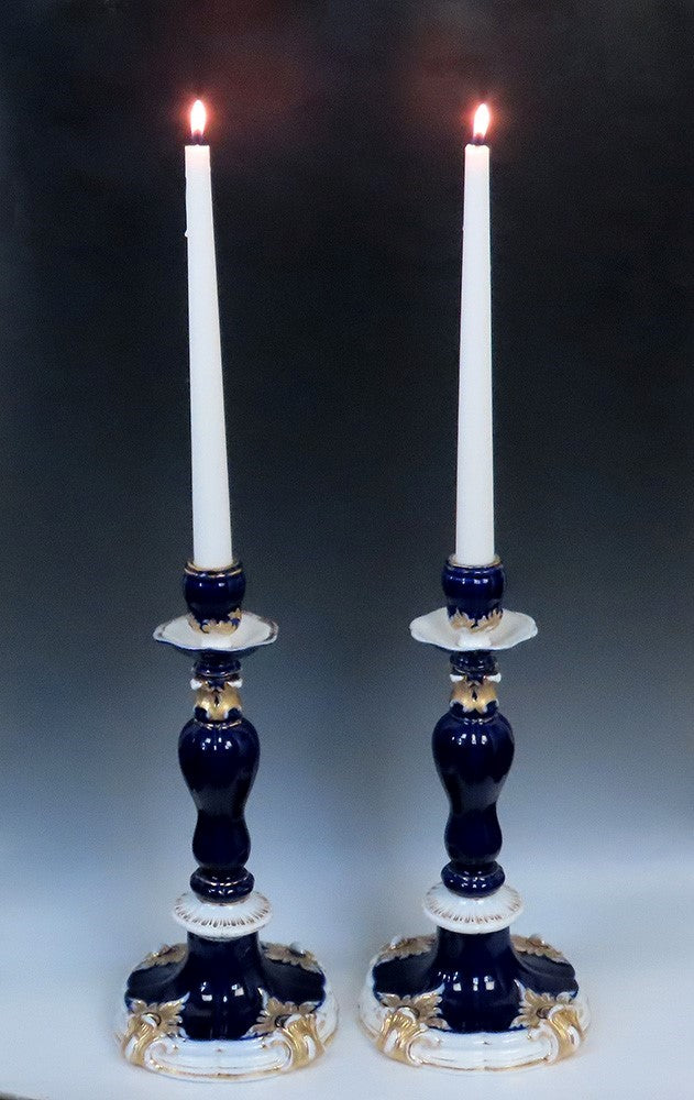 Gorgeous Pair late 1800s Meissen Cobalt Blue Gilt Tall Candlesticks
