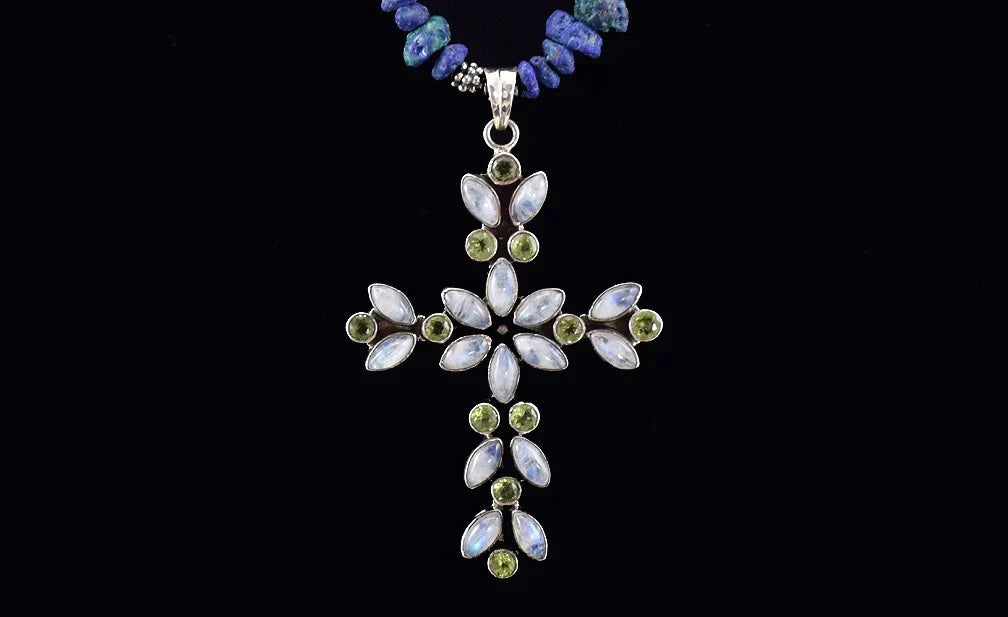 Amazing Necklace of Sterling Silver Cross w/ Peridot Moonstone Lapis Lazuli