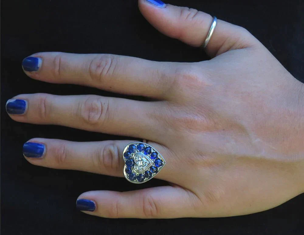 Vintage 1920's 14k Gold & Platinum Heart Ring w/ Diamonds Blue Sapphires sz 6.5