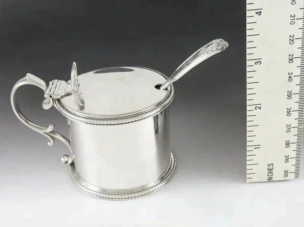 Antique 1857 Victorian Sterling Silver Cobalt Blue Glass Mustard Pot w/ Spoon