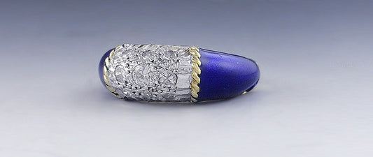 Beautiful 18K Gold Diamond & Blue Enamel Ring
