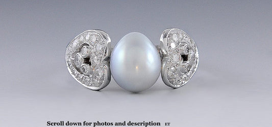 Stunning 14K White Gold Baroque Pearl & Diamond Ring Size 6