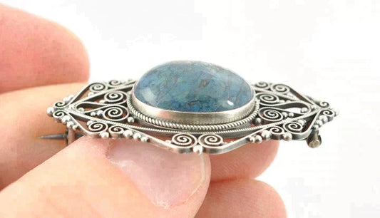 Antique 800 Purity Silver Italian Filigree Blue Stone Brooch Pin