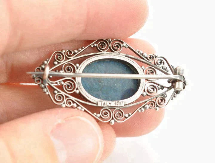 Antique 800 Purity Silver Italian Filigree Blue Stone Brooch Pin