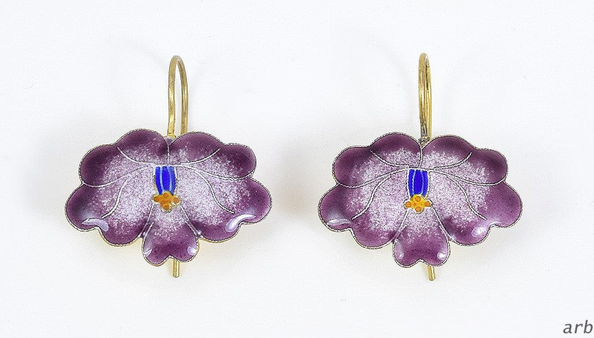 VTG Shashi 24k Vermeil Sterling Silver Purple Cloisonné Enamel Flower Earrings
