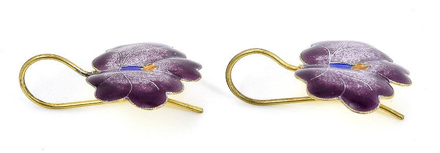 VTG Shashi 24k Vermeil Sterling Silver Purple Cloisonné Enamel Flower Earrings