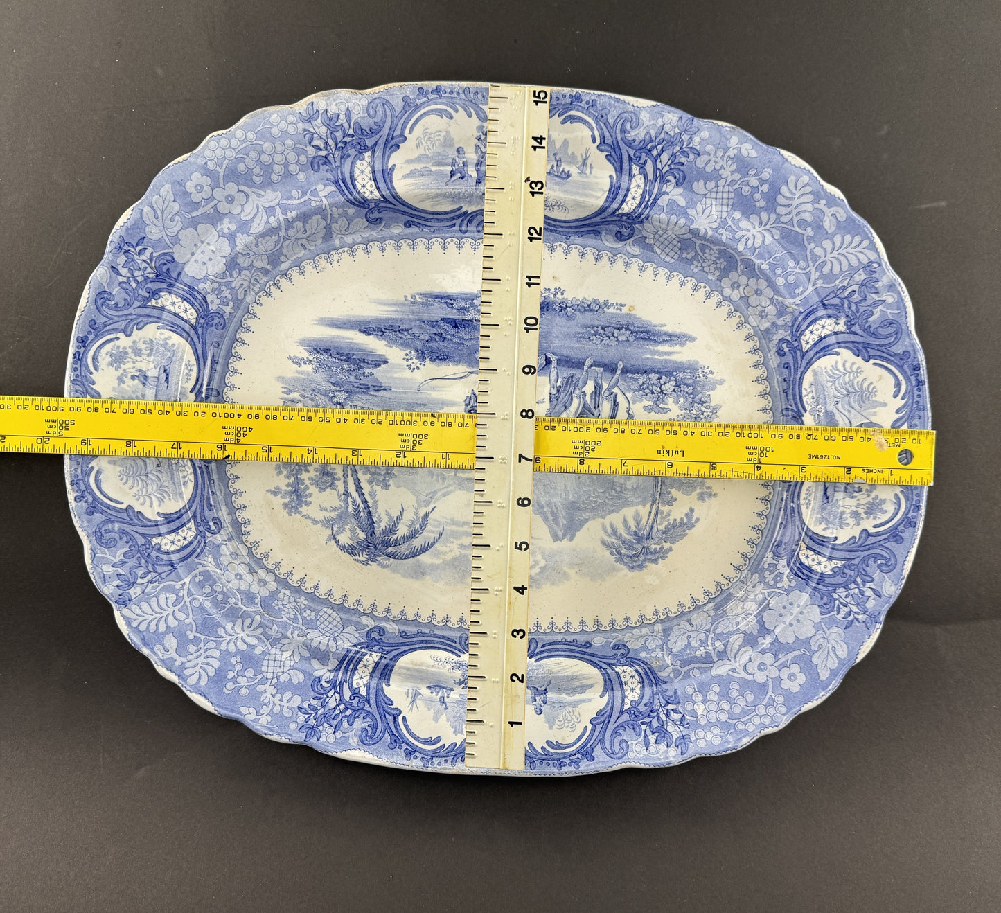 Huge c1840 English Staffordshire Peruvian Hunters Blue White Large Platter